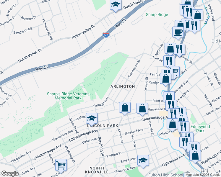 map of restaurants, bars, coffee shops, grocery stores, and more near 815 Farragut Avenue in Knoxville