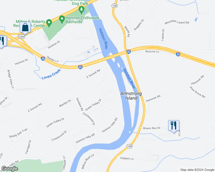 map of restaurants, bars, coffee shops, grocery stores, and more near 5916 Green Valley Drive in Knoxville