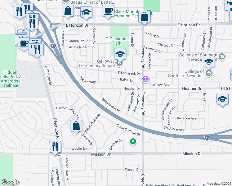 map of restaurants, bars, coffee shops, grocery stores, and more near 805 Jasmine Court in Henderson