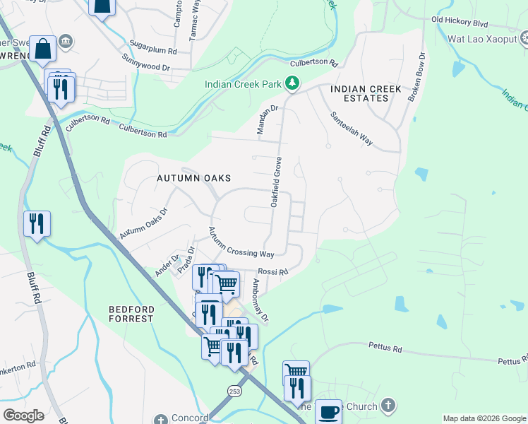 map of restaurants, bars, coffee shops, grocery stores, and more near 7516 Oakledge Drive in Brentwood