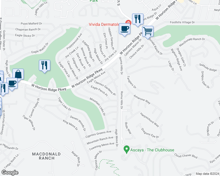 map of restaurants, bars, coffee shops, grocery stores, and more near 566 Cypress Gardens Place in Henderson