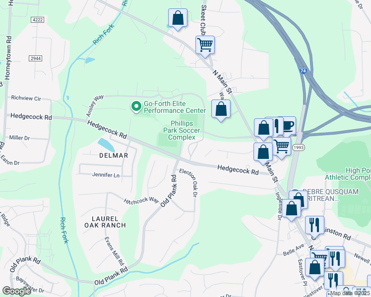 map of restaurants, bars, coffee shops, grocery stores, and more near 6109 Hedgecock Circle in High Point