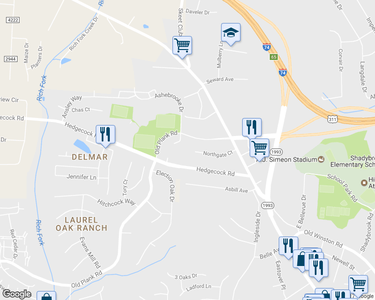 map of restaurants, bars, coffee shops, grocery stores, and more near 124 Northgate Court in High Point