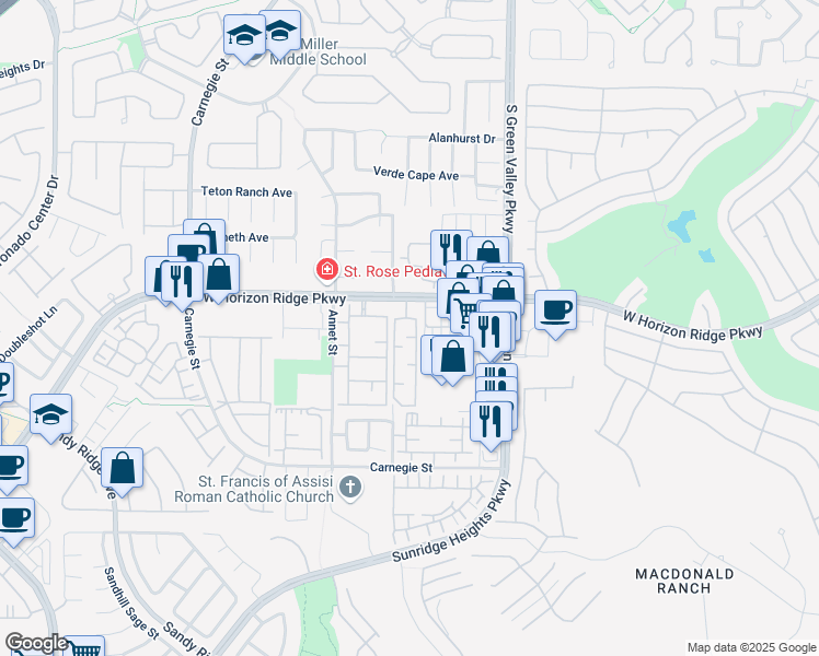 map of restaurants, bars, coffee shops, grocery stores, and more near 2291 West Horizon Ridge Parkway in Henderson