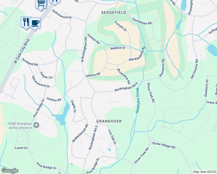 map of restaurants, bars, coffee shops, grocery stores, and more near 5516 East Rockingham Road in Greensboro