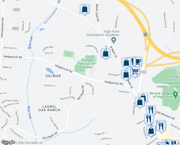 map of restaurants, bars, coffee shops, grocery stores, and more near 6109 Hedgecock Circle in High Point