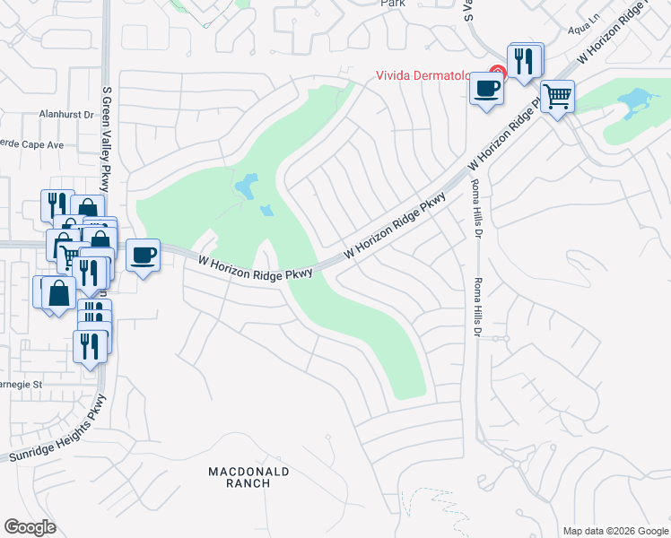 map of restaurants, bars, coffee shops, grocery stores, and more near 523 Mountain Links Drive in Henderson