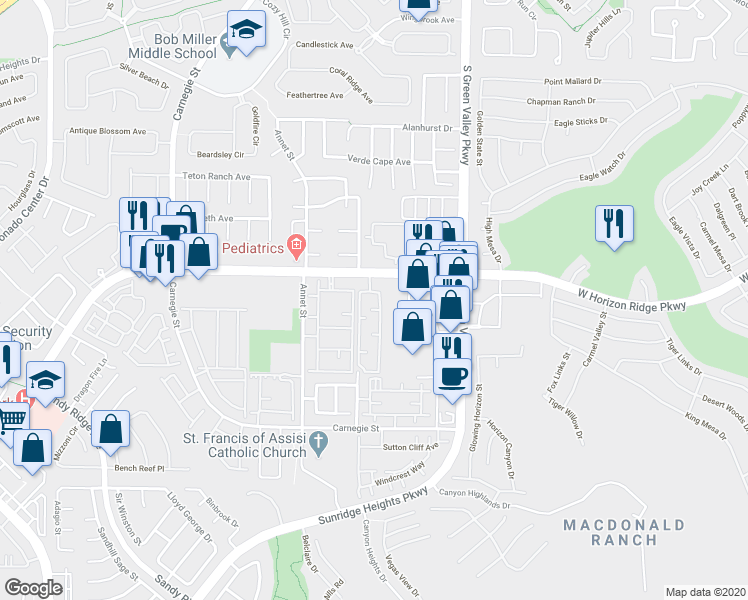 map of restaurants, bars, coffee shops, grocery stores, and more near 2291 West Horizon Ridge Parkway in Henderson