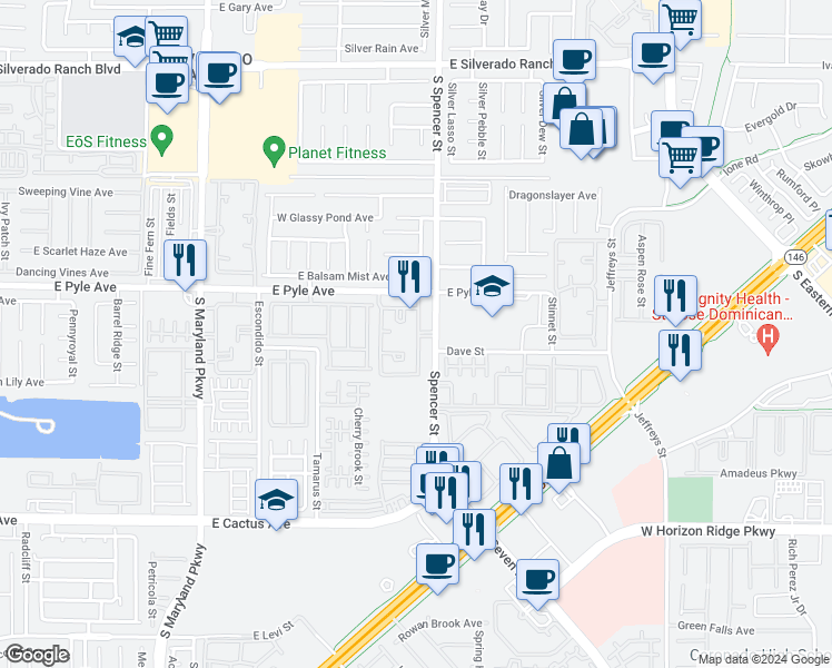 map of restaurants, bars, coffee shops, grocery stores, and more near 10175 Spencer Street in Las Vegas
