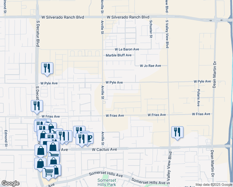 map of restaurants, bars, coffee shops, grocery stores, and more near 10201 Schirlls Street in Las Vegas