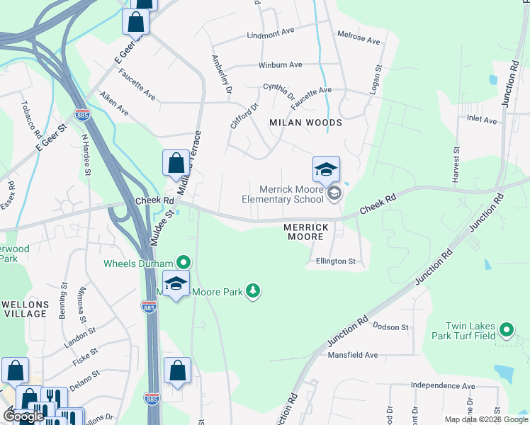 map of restaurants, bars, coffee shops, grocery stores, and more near 2204 Cheek Road in Durham