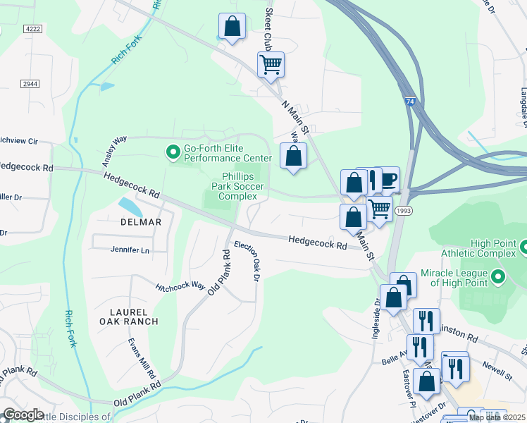 map of restaurants, bars, coffee shops, grocery stores, and more near 6106 Hedgecock Circle in High Point