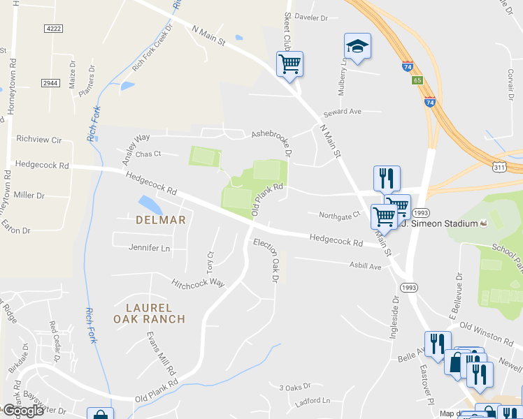 map of restaurants, bars, coffee shops, grocery stores, and more near 6106 Hedgecock Circle in High Point