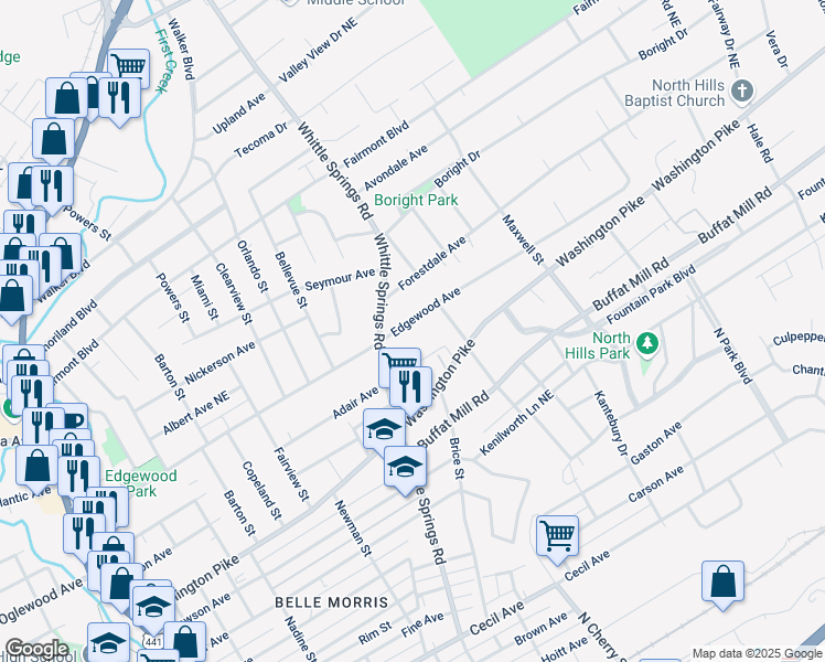 map of restaurants, bars, coffee shops, grocery stores, and more near 2515 Adair Avenue in Knoxville