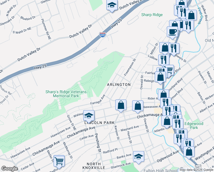 map of restaurants, bars, coffee shops, grocery stores, and more near 815 Farragut Avenue in Knoxville