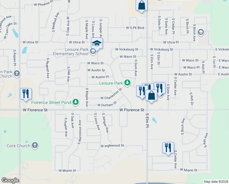 map of restaurants, bars, coffee shops, grocery stores, and more near 1113 West Charleston Street in Broken Arrow