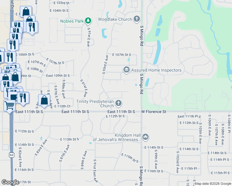 map of restaurants, bars, coffee shops, grocery stores, and more near 9417 East 109th Place South in Tulsa