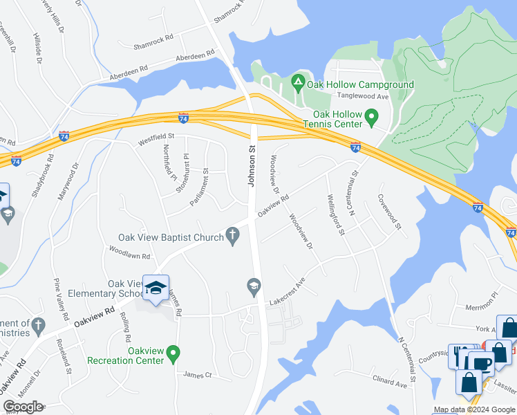 map of restaurants, bars, coffee shops, grocery stores, and more near 901 Oakview Road in High Point