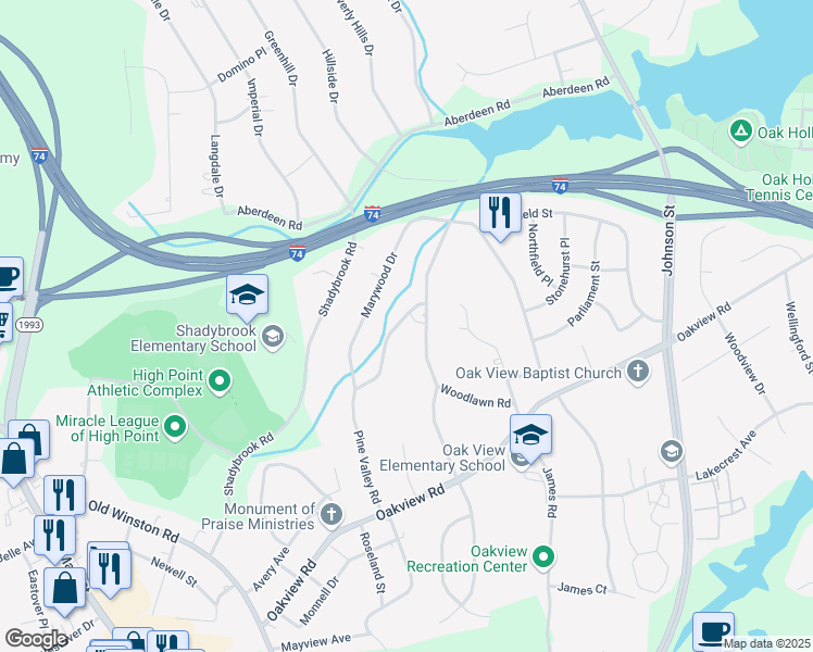 map of restaurants, bars, coffee shops, grocery stores, and more near 3520 Pine Valley Road in High Point