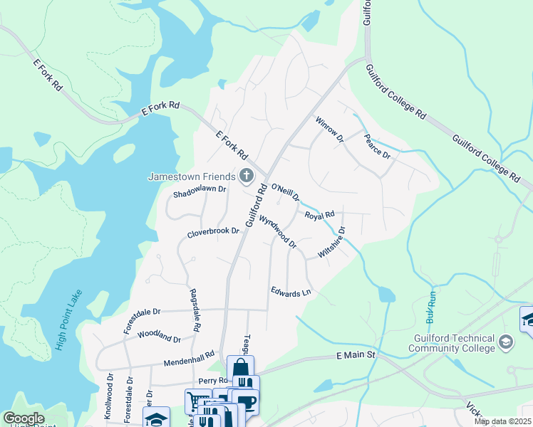 map of restaurants, bars, coffee shops, grocery stores, and more near 103 Wyndwood Drive in Jamestown