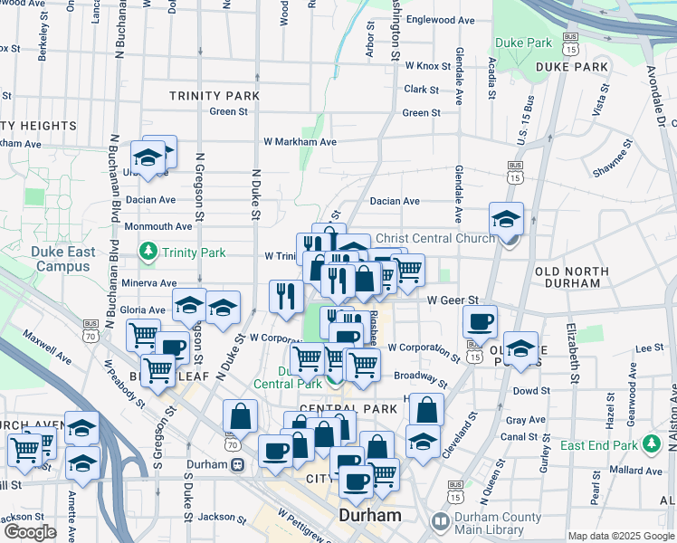 map of restaurants, bars, coffee shops, grocery stores, and more near 721 Foster Street in Durham