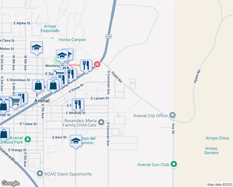 map of restaurants, bars, coffee shops, grocery stores, and more near 1121 East Lassen Street in Avenal
