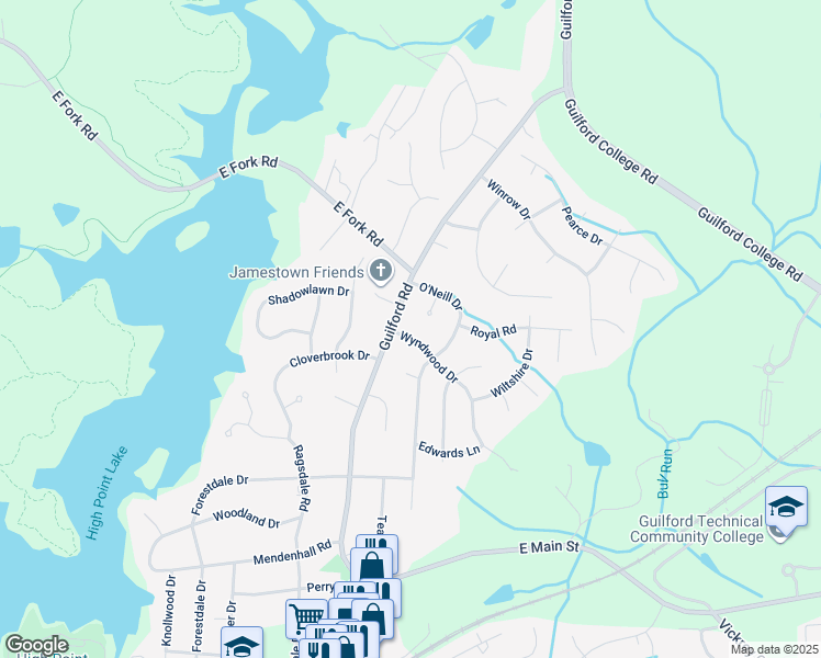map of restaurants, bars, coffee shops, grocery stores, and more near 103 Wyndwood Drive in Jamestown