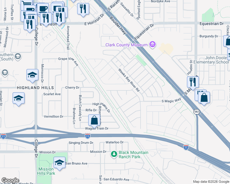 map of restaurants, bars, coffee shops, grocery stores, and more near 599 Marsh Creek Court in Henderson