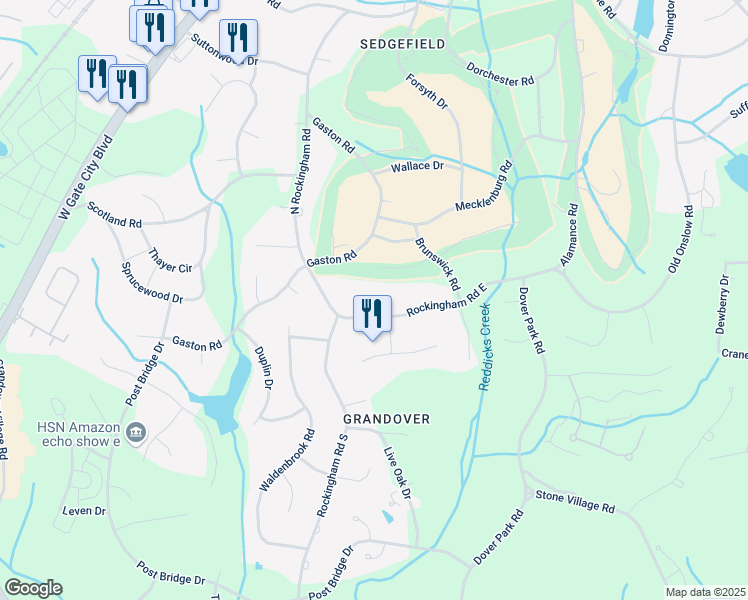 map of restaurants, bars, coffee shops, grocery stores, and more near 5516 East Rockingham Road in Greensboro