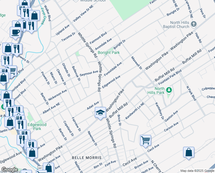 map of restaurants, bars, coffee shops, grocery stores, and more near 2515 Adair Avenue in Knoxville