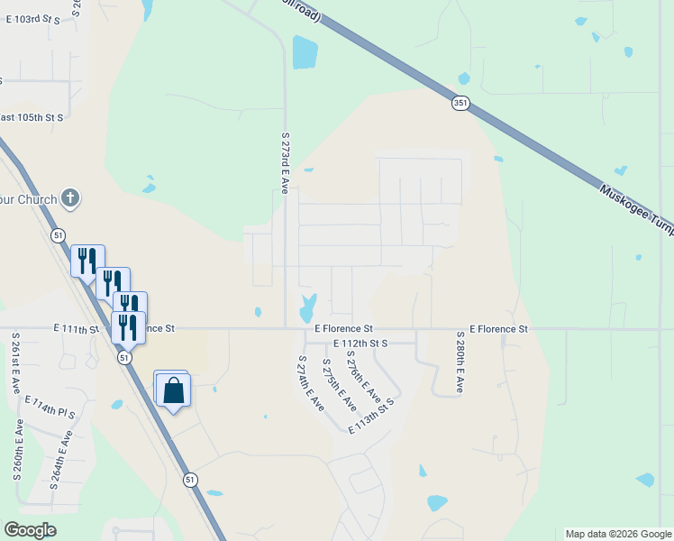 map of restaurants, bars, coffee shops, grocery stores, and more near 11016 South 275th East Avenue in Coweta