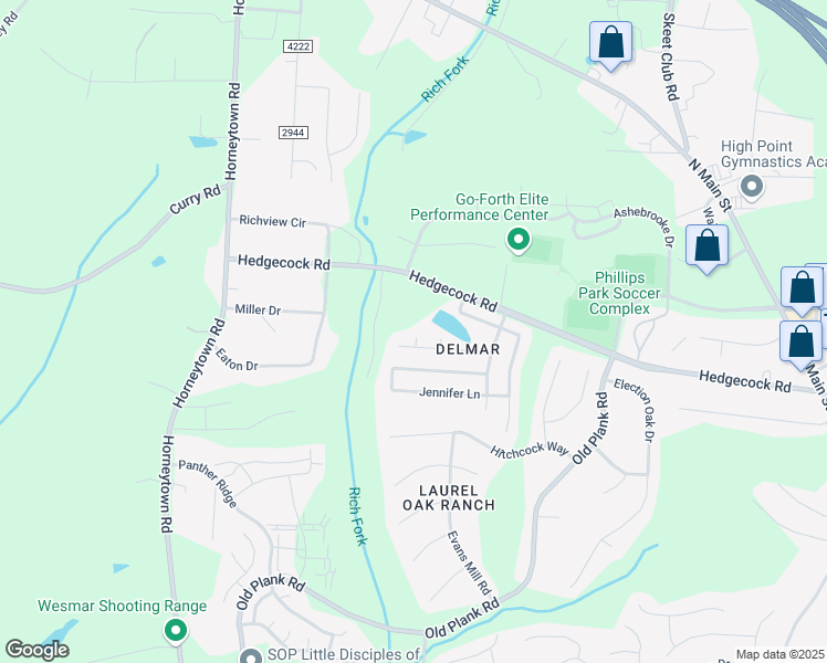 map of restaurants, bars, coffee shops, grocery stores, and more near 6465 Flintlock Court in High Point