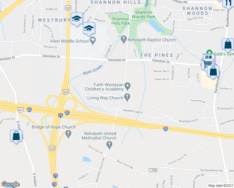 map of restaurants, bars, coffee shops, grocery stores, and more near 1004 Highstone Drive in Greensboro
