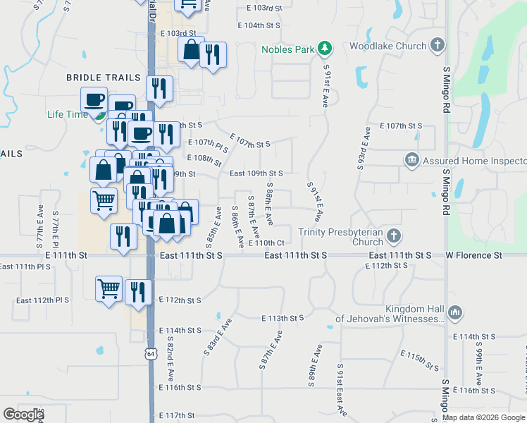 map of restaurants, bars, coffee shops, grocery stores, and more near 11009 South 87th East Avenue South in Tulsa