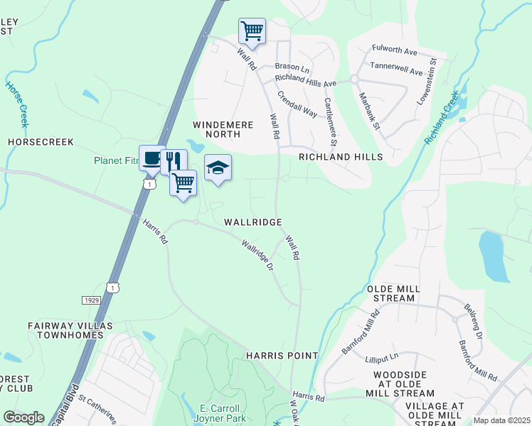 map of restaurants, bars, coffee shops, grocery stores, and more near 908 Borage Drive in Wake Forest