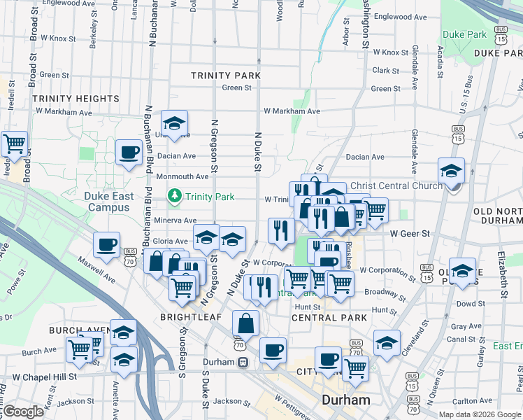 map of restaurants, bars, coffee shops, grocery stores, and more near in Durham