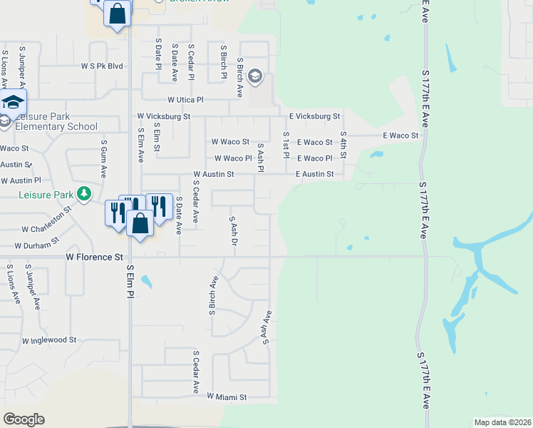map of restaurants, bars, coffee shops, grocery stores, and more near 4613 South Ash Avenue in Broken Arrow