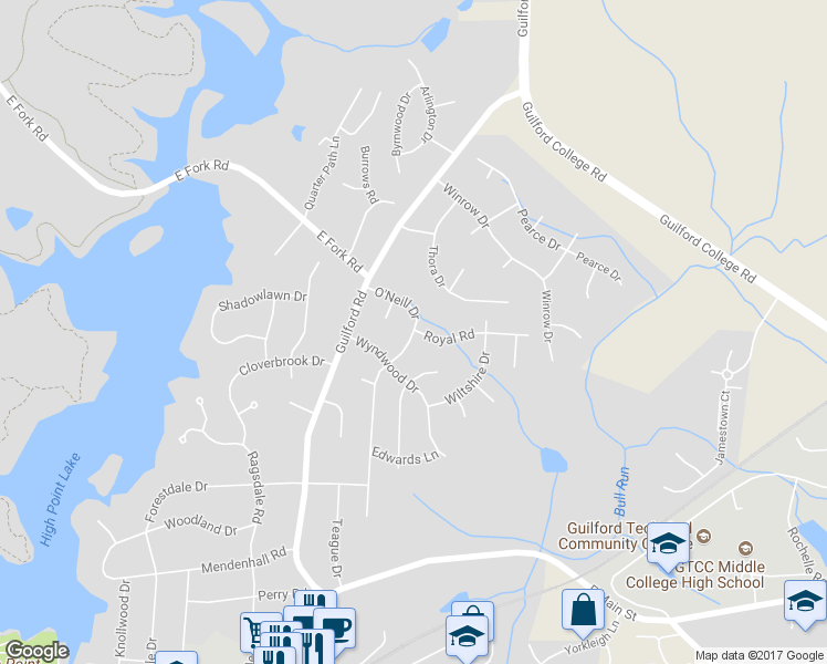 map of restaurants, bars, coffee shops, grocery stores, and more near 303 O'Neill Drive in Jamestown