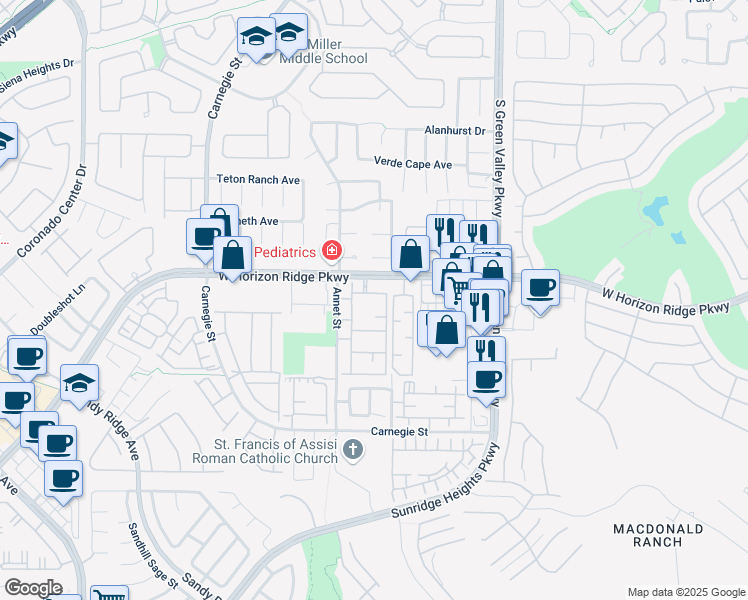 map of restaurants, bars, coffee shops, grocery stores, and more near 2305 West Horizon Ridge Parkway in Henderson