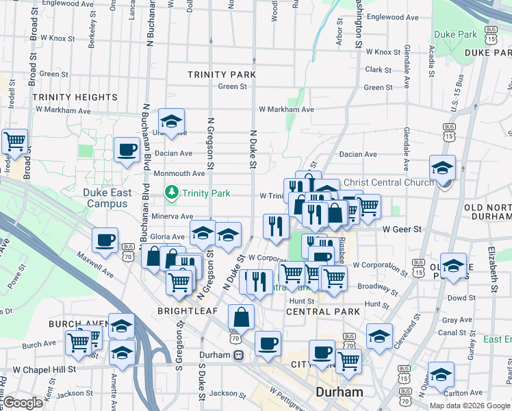 map of restaurants, bars, coffee shops, grocery stores, and more near in Durham