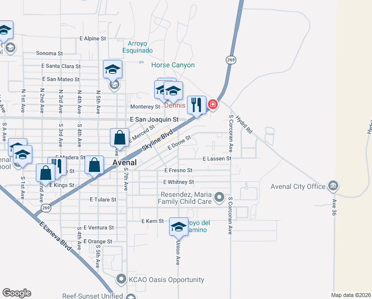 map of restaurants, bars, coffee shops, grocery stores, and more near 929 E Lassen St in Avenal
