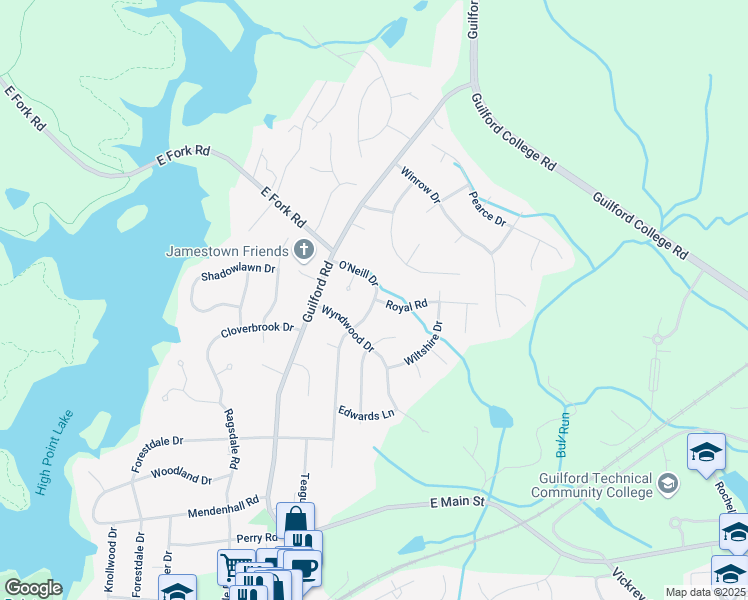 map of restaurants, bars, coffee shops, grocery stores, and more near 300 O'Neill Drive in Jamestown