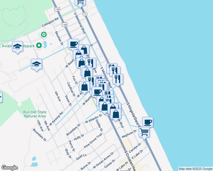map of restaurants, bars, coffee shops, grocery stores, and more near 1209 Wrightsville Boulevard in Kill Devil Hills