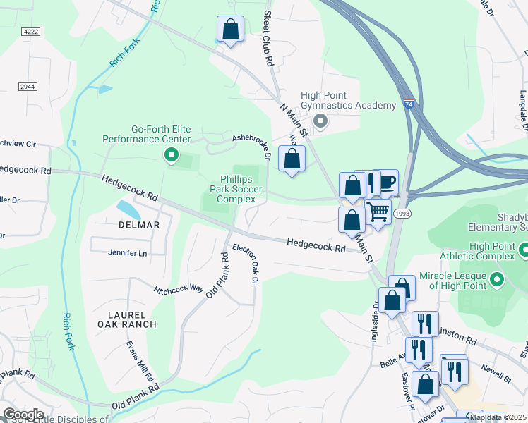 map of restaurants, bars, coffee shops, grocery stores, and more near 6118 Hedgecock Circle in High Point