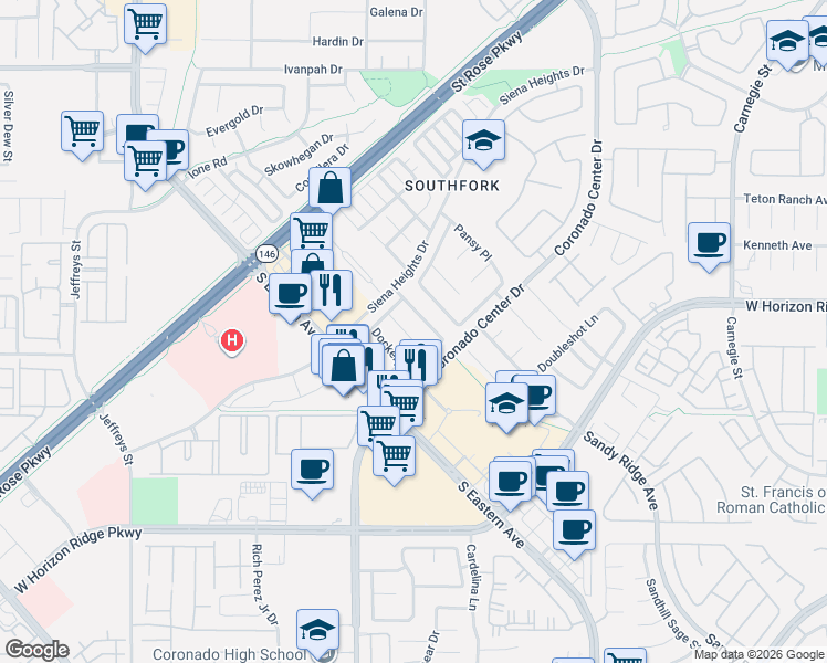 map of restaurants, bars, coffee shops, grocery stores, and more near 688 Quiet Stream Court in Henderson