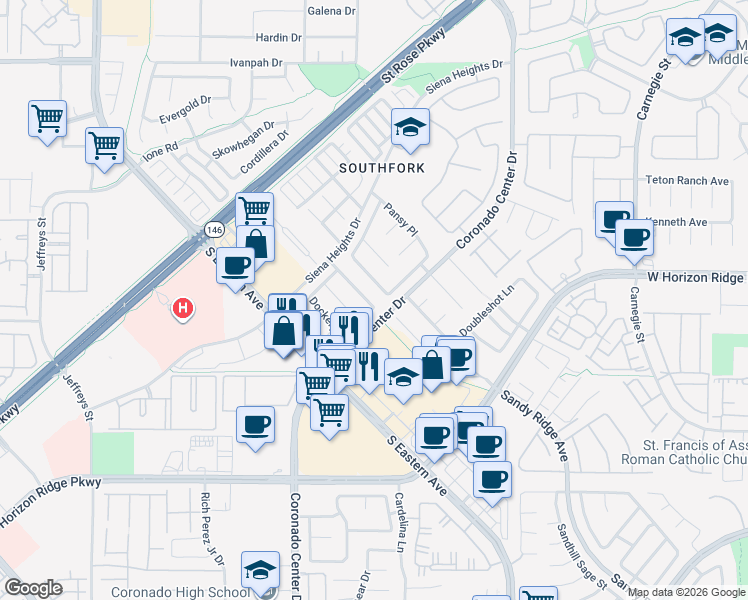 map of restaurants, bars, coffee shops, grocery stores, and more near 2723 Bensonhurst Lane in Henderson