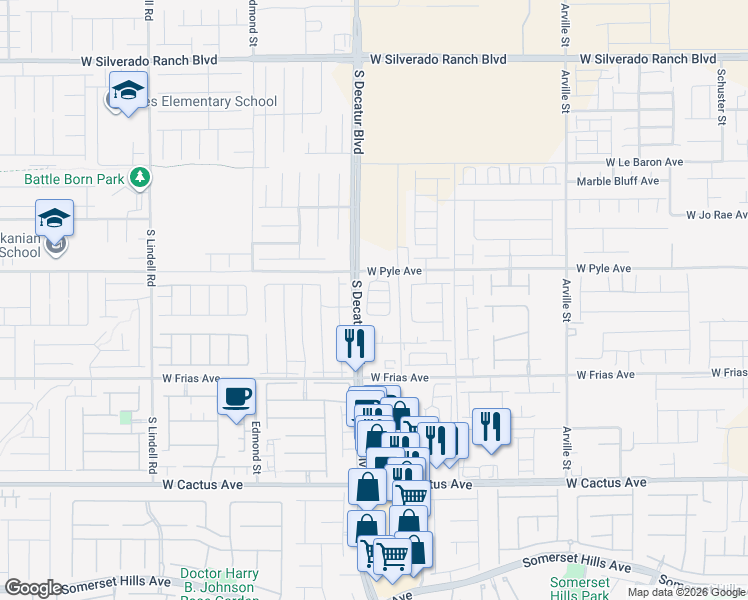 map of restaurants, bars, coffee shops, grocery stores, and more near 10270 South Decatur Boulevard in Las Vegas