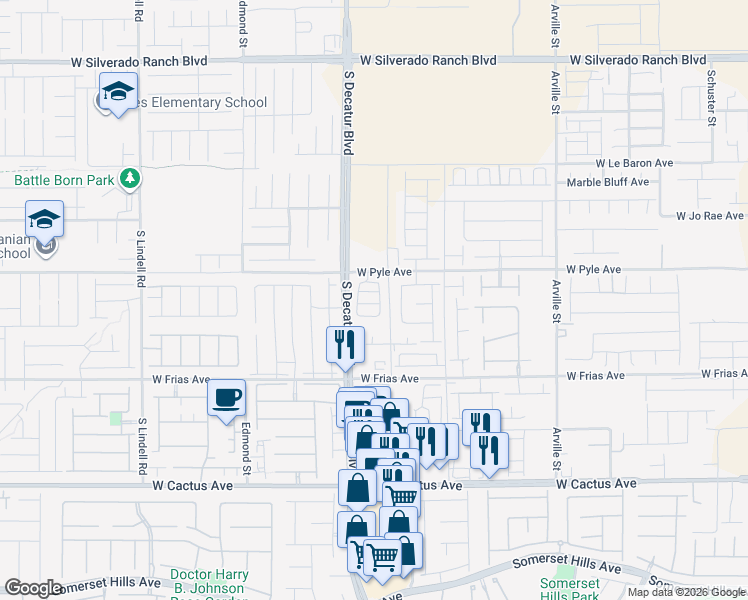 map of restaurants, bars, coffee shops, grocery stores, and more near 10270 South Decatur Boulevard in Las Vegas