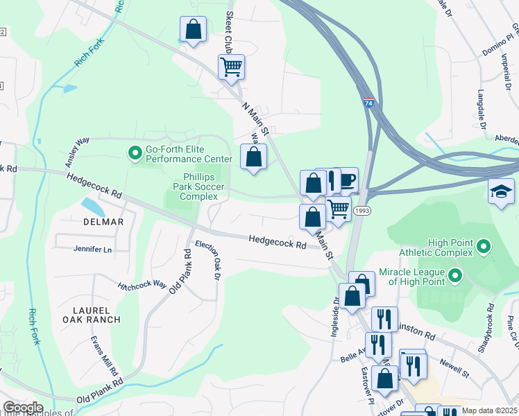 map of restaurants, bars, coffee shops, grocery stores, and more near 122 Northgate Court in High Point