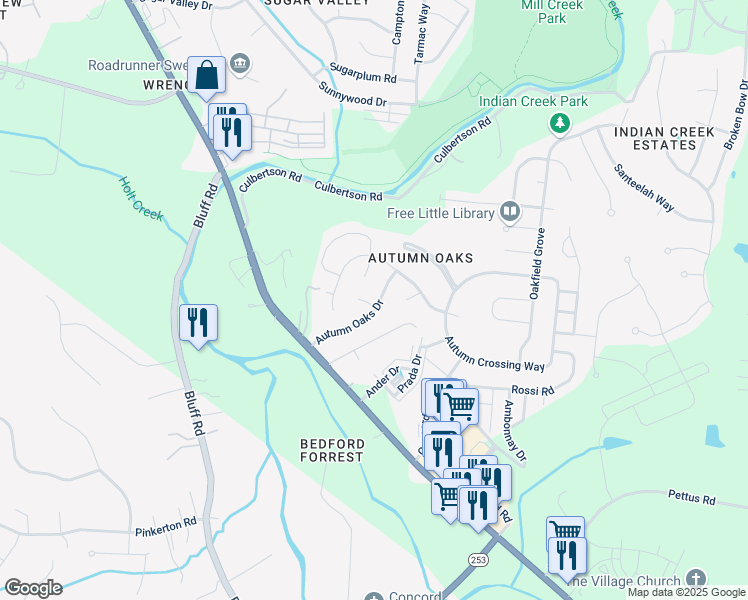 map of restaurants, bars, coffee shops, grocery stores, and more near 100 Autumn Oaks Court in Brentwood